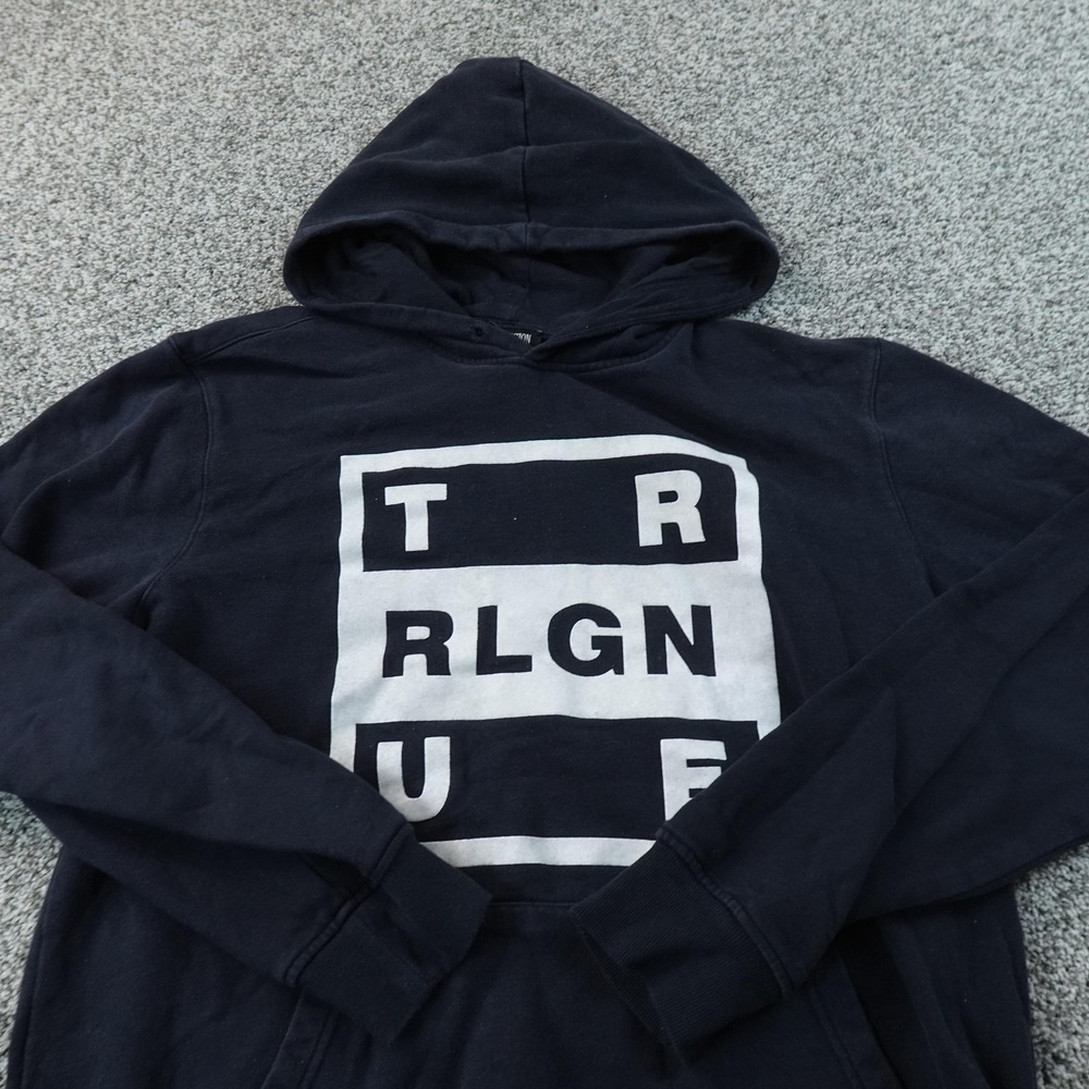 True‎ Religion Hoodie Mens XL Blue Logo Graphic Pullover Sweatshirt Sweater Top